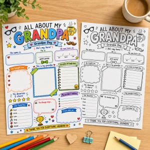 May include: Two All About My Grandpa activity sheets, one in full color and one in black and white. Each sheet features prompts like His name is, He is, He was born on, He taught me, This is my grandpa, He makes me laugh when, and His favorites.