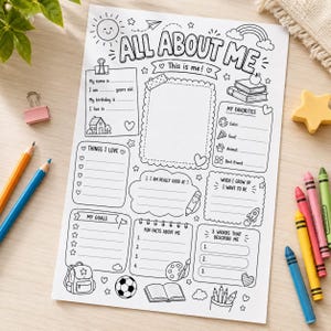 Peut inclure: Une feuille d'activit&eacute; en papier blanc intitul&eacute;e ALL ABOUT ME avec des illustrations au trait noir comprenant un soleil, un arc-en-ciel, des livres et un sac &agrave; dos. La feuille comporte des sections &agrave; remplir pour les d&eacute;tails personnels et les go&ucirc;ts.