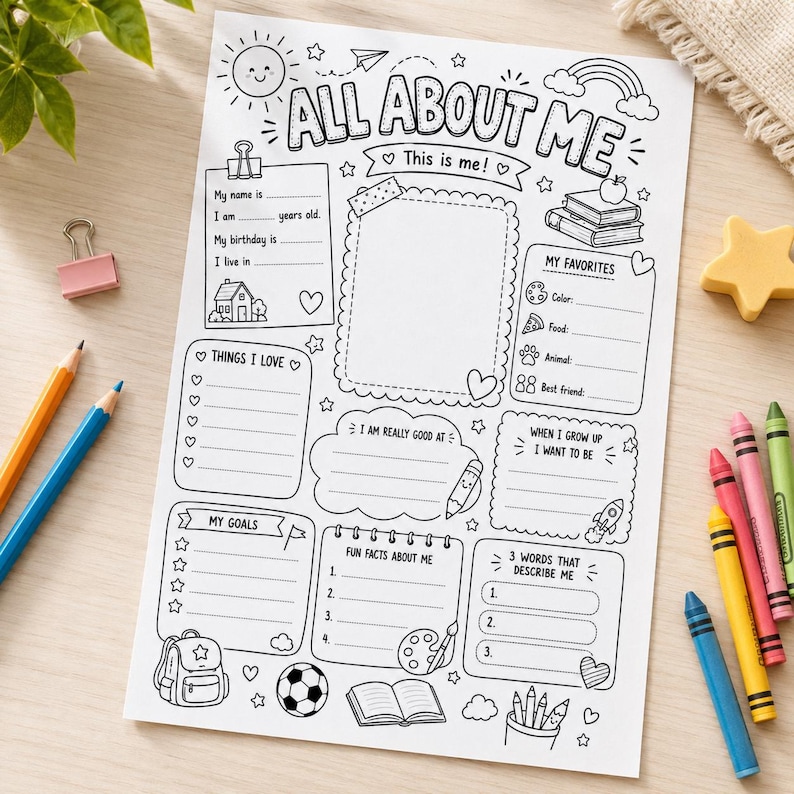 Peut inclure: Une feuille d'activit&eacute; en papier blanc intitul&eacute;e ALL ABOUT ME avec des illustrations au trait noir comprenant un soleil, un arc-en-ciel, des livres et un sac &agrave; dos. La feuille comporte des sections &agrave; remplir pour les d&eacute;tails personnels et les go&ucirc;ts.
