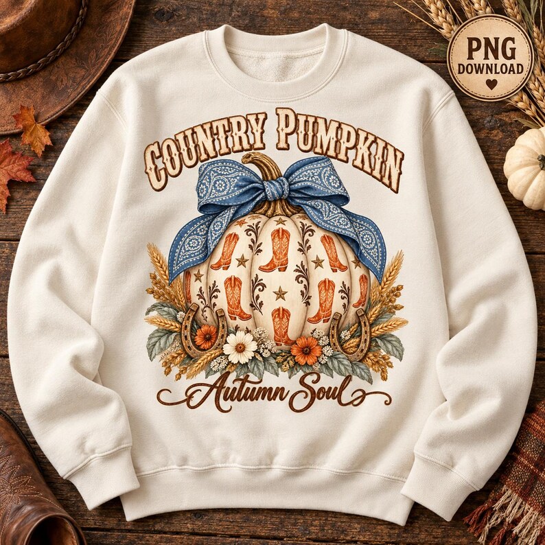 May include: A cream-coloured crewneck sweatshirt featuring a graphic of a pumpkin decorated with cowboy boot illustrations, stars, and a blue bandana-print bow. The text reads "COUNTRY PUMPKIN" above and "Autumn Soul" below, surrounded by wheat and flowers.
