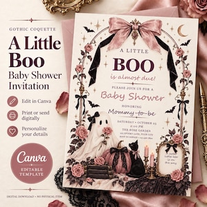 Op de afbeelding: Een rechthoekige uitnodiging voor een babyshower met een geest, een zwarte kat, een pompoen en roze rozen. De tekst luidt A Little Boo is almost due, Please join us for a Baby Shower, honoring Mommy-to-be, Saturday October 25, 2:00 PM, The Rose Garden.