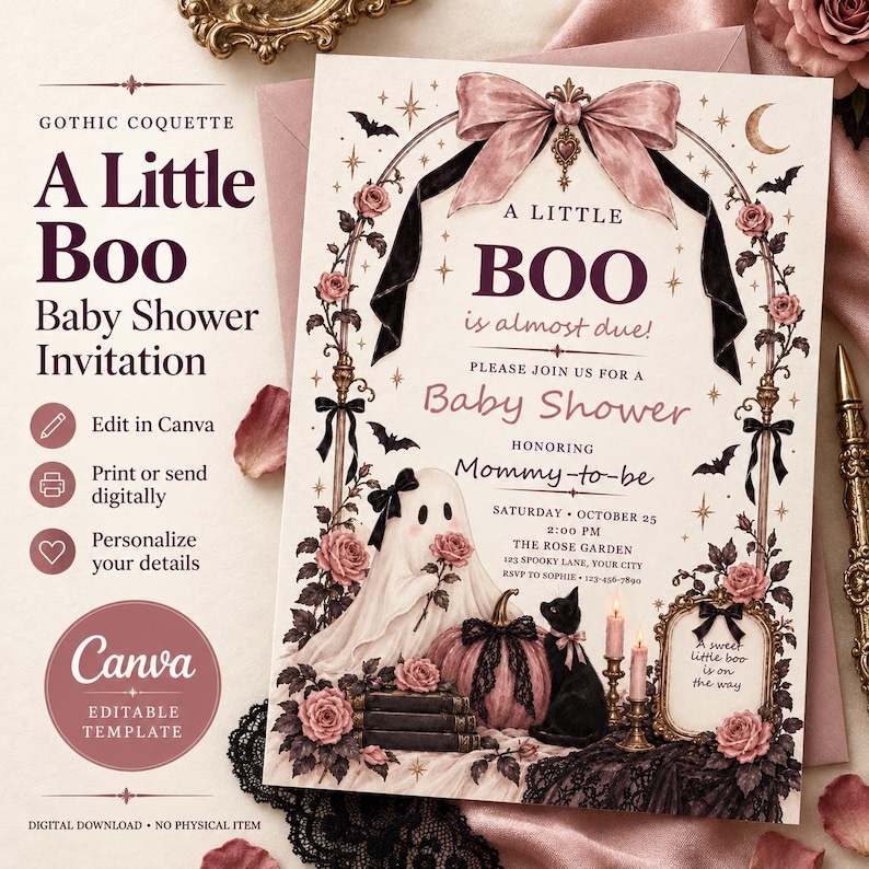 Op de afbeelding: Een rechthoekige uitnodiging voor een babyshower met een geest, een zwarte kat, een pompoen en roze rozen. De tekst luidt A Little Boo is almost due, Please join us for a Baby Shower, honoring Mommy-to-be, Saturday October 25, 2:00 PM, The Rose Garden.