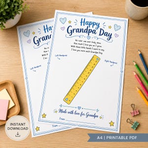 May include: A printable A4 sheet for Grandpa Day featuring a yellow ruler graphic, blue text, and heart and star illustrations. The text reads Happy Grandpa Day, a poem, Left Handprint, Right Handprint, Made with love for Grandpa, and From.