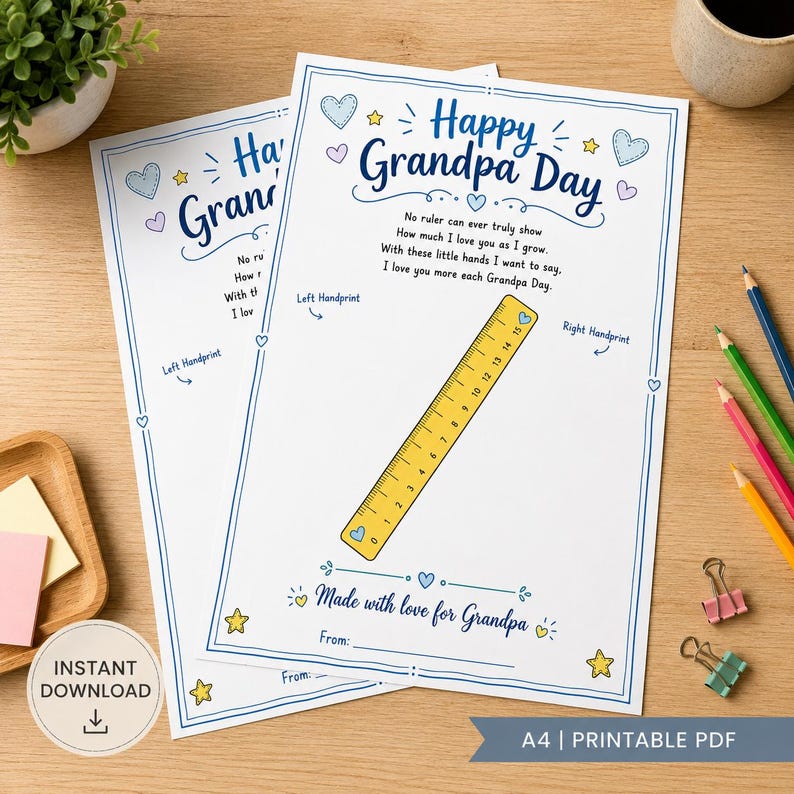 May include: A printable A4 sheet for Grandpa Day featuring a yellow ruler graphic, blue text, and heart and star illustrations. The text reads Happy Grandpa Day, a poem, Left Handprint, Right Handprint, Made with love for Grandpa, and From.