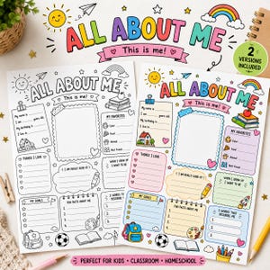 Peut inclure: Deux fiches d'activit&eacute;s All About Me pour enfants, une en noir et blanc et une en couleur. Chaque fiche comporte des sections pour les d&eacute;tails personnels, les favoris, les objectifs et des faits amusants, d&eacute;cor&eacute;es d'illustrations de soleil, d'arc-en-ciel et de fournitures scolaires.