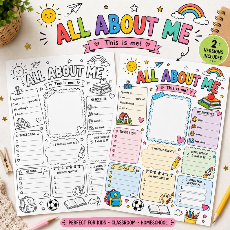 Peut inclure: Deux fiches d'activit&eacute;s All About Me pour enfants, une en noir et blanc et une en couleur. Chaque fiche comporte des sections pour les d&eacute;tails personnels, les favoris, les objectifs et des faits amusants, d&eacute;cor&eacute;es d'illustrations de soleil, d'arc-en-ciel et de fournitures scolaires.