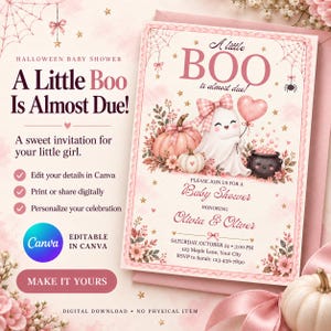 May include: A rectangular baby shower invitation card featuring a pink and cream color palette with a ghost, pumpkins, and a cauldron. The text reads A little BOO is almost due, Please join us for a Baby Shower, Olivia & Oliver, and event details.