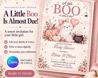 Invitation pour une baby shower d'Halloween avec un adorable fantôme - Modèle Canva modifiable