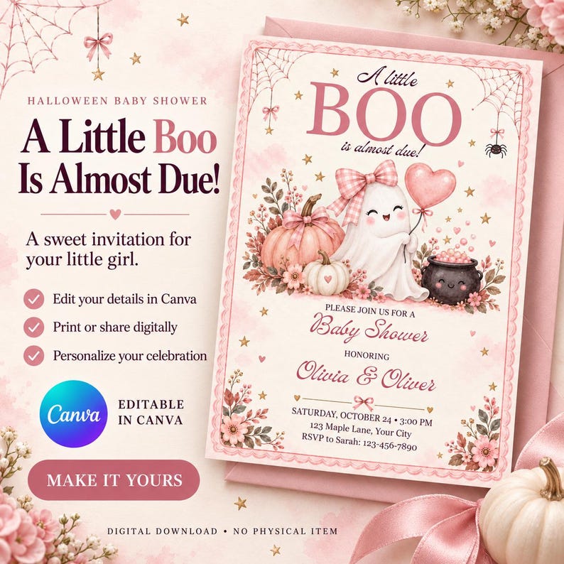 May include: A rectangular baby shower invitation card featuring a pink and cream color palette with a ghost, pumpkins, and a cauldron. The text reads A little BOO is almost due, Please join us for a Baby Shower, Olivia & Oliver, and event details.
