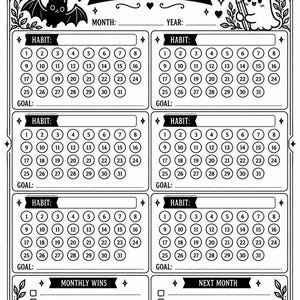 以下が含まれることがあります： BAT HABIT TRACKERと書かれた白黒の習慣トラッカーシート。サブタイトルはSMALL STEPS. SPOOKY PROGRESS.。1から31までの番号付き円がある6つの月間習慣セクション、幽霊、コウモリ、猫、カボチャのイラストが描かれています。