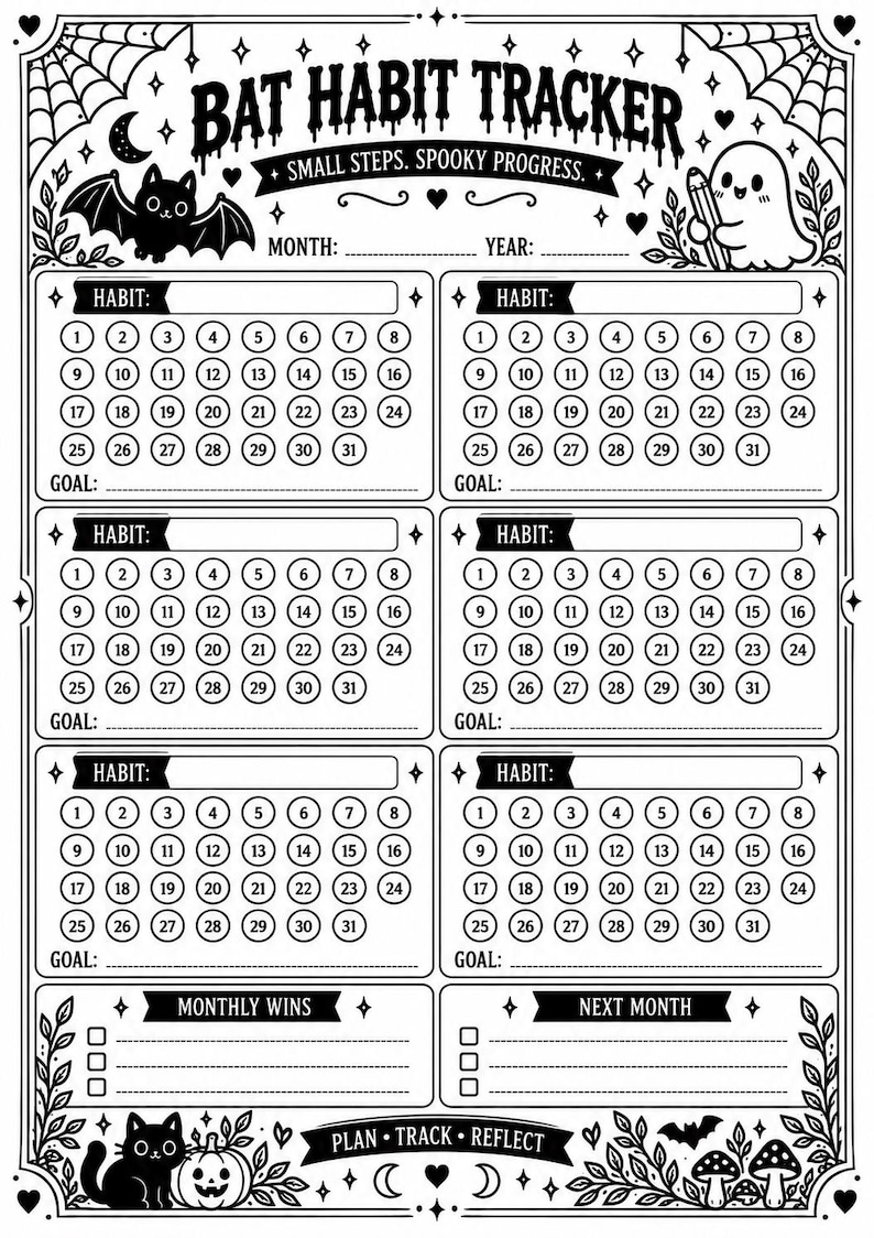 以下が含まれることがあります： BAT HABIT TRACKERと書かれた白黒の習慣トラッカーシート。サブタイトルはSMALL STEPS. SPOOKY PROGRESS.。1から31までの番号付き円がある6つの月間習慣セクション、幽霊、コウモリ、猫、カボチャのイラストが描かれています。