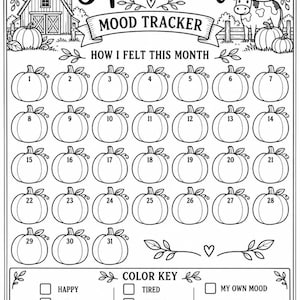 May include: A black and white printable September mood tracker sheet featuring a barn, a cow, sunflowers, and pumpkins. The page includes numbered pumpkin outlines from 1 to 31 for daily tracking and a color key section with labels for happy, calm, productive, tired, stressed, and grateful moods.