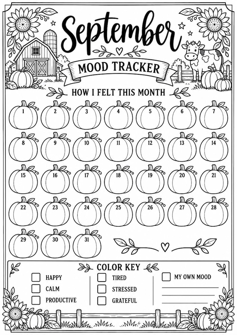 May include: A black and white printable September mood tracker sheet featuring a barn, a cow, sunflowers, and pumpkins. The page includes numbered pumpkin outlines from 1 to 31 for daily tracking and a color key section with labels for happy, calm, productive, tired, stressed, and grateful moods.
