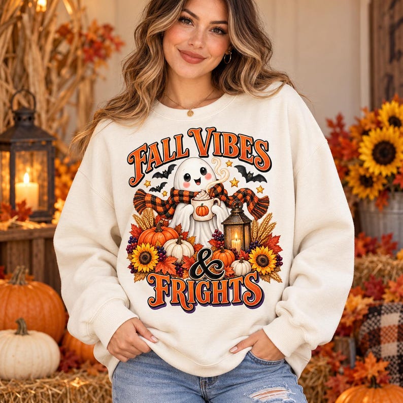 Puede incluir: Una sudadera de cuello redondo color crema con un estampado gr&aacute;fico de un fantasma con bufanda de cuadros que sostiene una taza de calabaza. El dise&ntilde;o incluye el texto "FALL VIBES & FRIGHTS" rodeado de calabazas, girasoles, hojas de oto&ntilde;o y un farol.