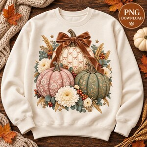 May include: A cream-coloured crewneck sweatshirt featuring a central graphic of three pumpkins in white, dusty pink, and sage green. The pumpkins are adorned with a large brown velvet bow, white chrysanthemum flowers, wheat stalks, and small red berries.