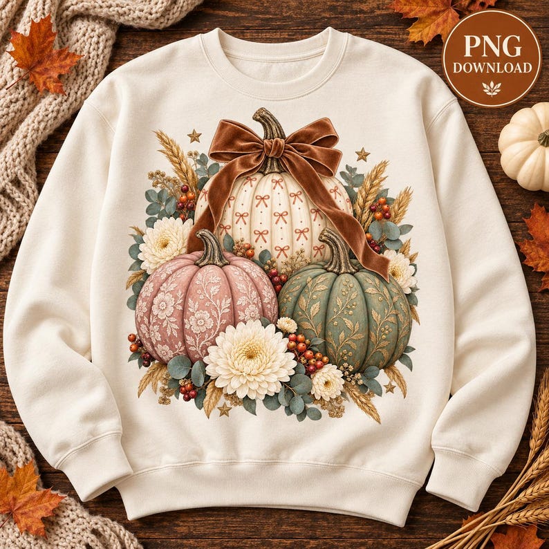 May include: A cream-coloured crewneck sweatshirt featuring a central graphic of three pumpkins in white, dusty pink, and sage green. The pumpkins are adorned with a large brown velvet bow, white chrysanthemum flowers, wheat stalks, and small red berries.