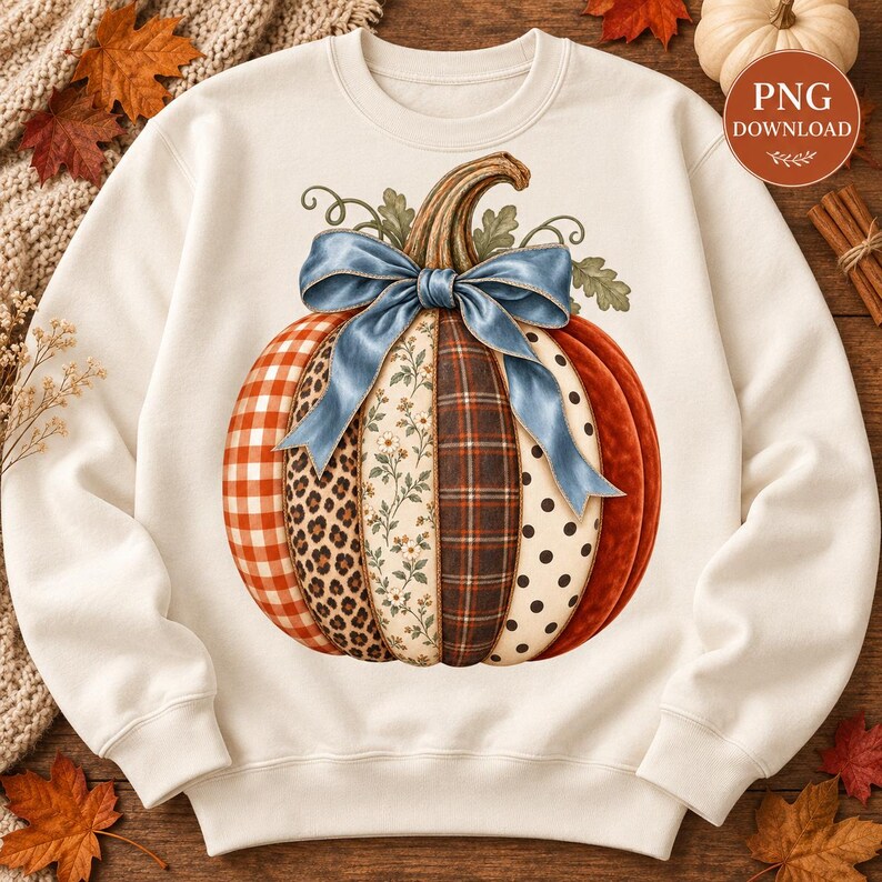 May include: A cream-coloured crewneck sweatshirt featuring a large central graphic of a pumpkin. The pumpkin is divided into vertical segments with patterns including red gingham, leopard print, floral, plaid, and black polka dots, topped with a blue bow.