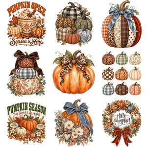 May include: A collection of digital illustrations featuring pumpkins with various patterns like plaid, leopard print, and floral designs, some adorned with bows, ribbons, and autumn foliage, including text elements like Pumpkin Spice Season is Here.