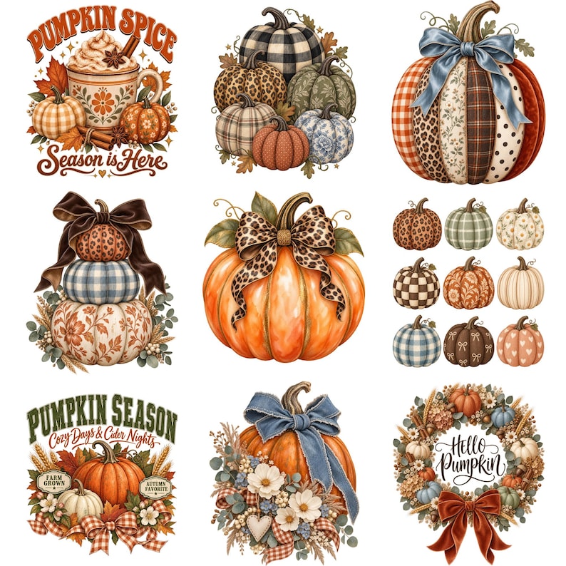 May include: A collection of digital illustrations featuring pumpkins with various patterns like plaid, leopard print, and floral designs, some adorned with bows, ribbons, and autumn foliage, including text elements like Pumpkin Spice Season is Here.