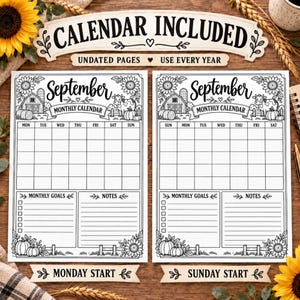 May include: Two black and white printed monthly calendar pages for September featuring farm-themed illustrations of a barn, a cow, pumpkins, and sunflowers. One page has a Monday start and the other a Sunday start, with sections for monthly goals and notes.
