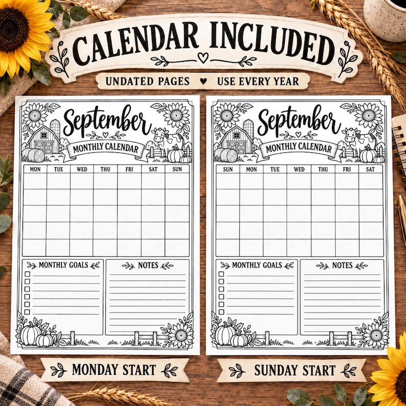 May include: Two black and white printed monthly calendar pages for September featuring farm-themed illustrations of a barn, a cow, pumpkins, and sunflowers. One page has a Monday start and the other a Sunday start, with sections for monthly goals and notes.