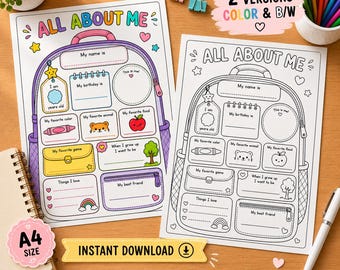 All About Me Worksheet Bundle, Color & Black White, School Activity