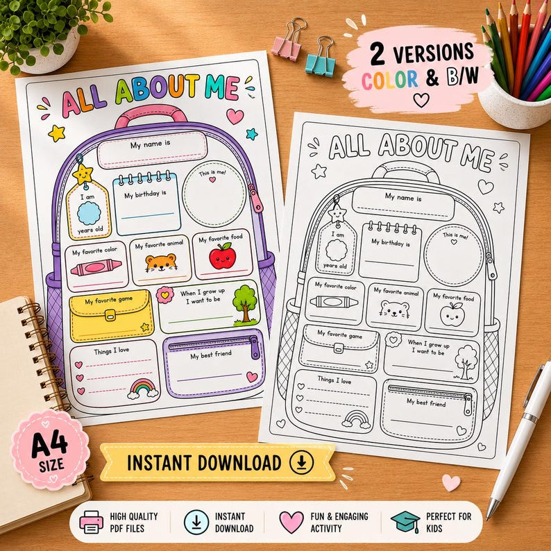 May include: Two All About Me activity sheets featuring a backpack design with fillable sections for personal details. One sheet is in full colour, and the other is in black and white. The text includes sections for name, birthday, favourite colour, animal, food, game, and best friend.
