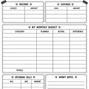 May include: A black and white printable budget tracker sheet titled The Patchwork Boo Club Little Savings, Big Magic. It features sections for income, savings, monthly budget, upcoming bills, and money notes, with small ghost and cat illustrations.