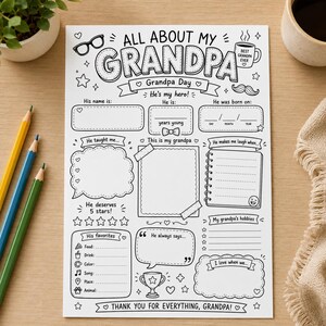 May include: A white paper activity sheet with black line art titled All About My Grandpa. The design includes sections for writing details like name, age, birth date, hobbies, favorites, and memories, decorated with icons of glasses, a mug, and a trophy.