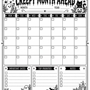 以下が含まれることがあります： 「CREEPY MONTH AHEAD」と題された白黒の月間カレンダープランナーページ。曜日ごとのグリッド、重要な日付、最優先事項、メモ用のセクションがあります。幽霊、コウモリ、カボチャ、猫のイラストで装飾されています。
