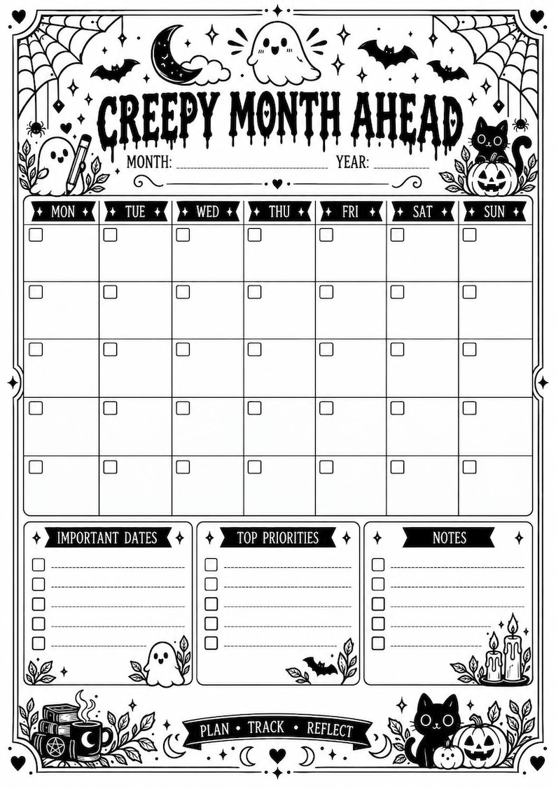 以下が含まれることがあります： 「CREEPY MONTH AHEAD」と題された白黒の月間カレンダープランナーページ。曜日ごとのグリッド、重要な日付、最優先事項、メモ用のセクションがあります。幽霊、コウモリ、カボチャ、猫のイラストで装飾されています。