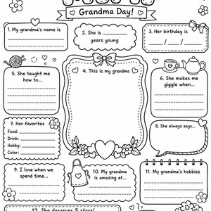 May include: A black and white printable activity sheet titled ALL ABOUT MY MIMI Grandma Day. The page features twelve numbered prompts with blank lines for writing, a central frame for a drawing, and decorative illustrations of glasses, a bird, flowers, a teapot, and stars.