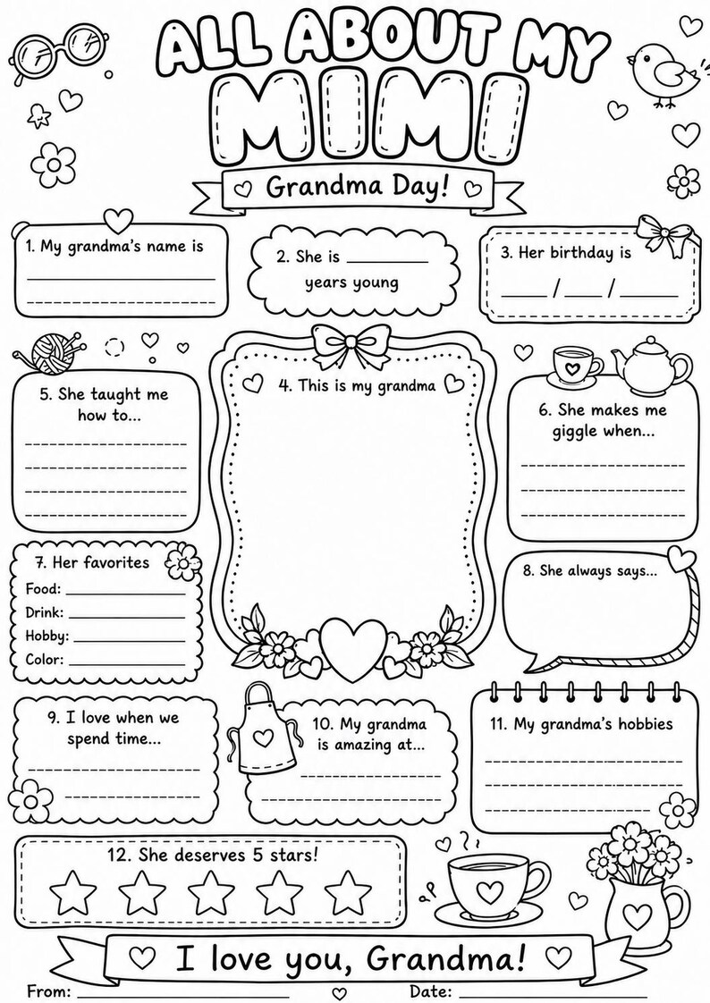 May include: A black and white printable activity sheet titled ALL ABOUT MY MIMI Grandma Day. The page features twelve numbered prompts with blank lines for writing, a central frame for a drawing, and decorative illustrations of glasses, a bird, flowers, a teapot, and stars.