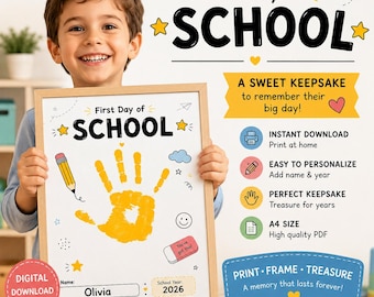 Créations artistiques avec empreintes de mains pour la rentrée scolaire, souvenir du premier jour d'école à imprimer, téléchargement instantané