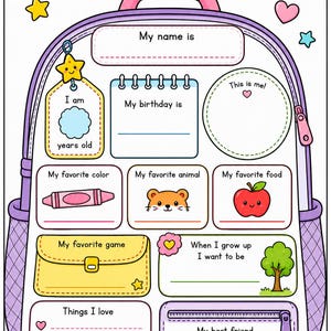May include: A colourful All About Me activity sheet shaped like a backpack. It features sections for name, birthday, age, favourite colour, animal, food, game, future career, and best friend, decorated with icons like a star, apple, and rainbow.