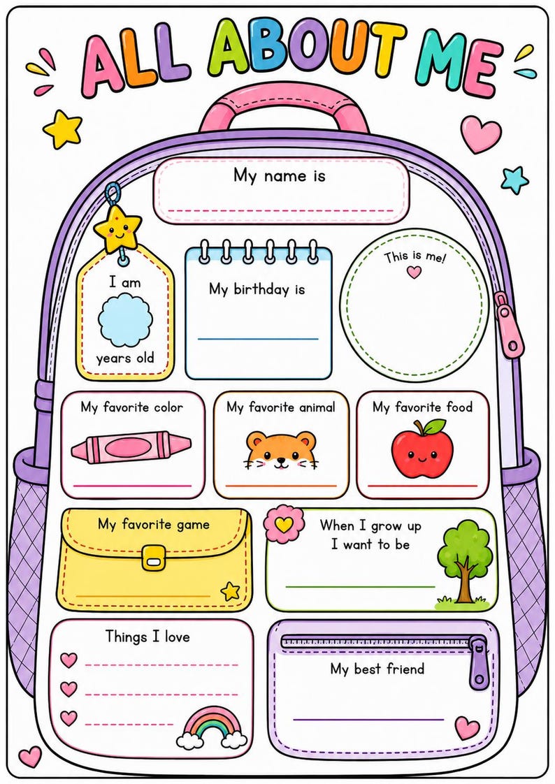 May include: A colourful All About Me activity sheet shaped like a backpack. It features sections for name, birthday, age, favourite colour, animal, food, game, future career, and best friend, decorated with icons like a star, apple, and rainbow.