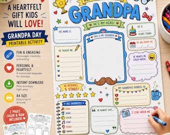 All About My Grandpa Activity, Kids Printable Family Memory Page