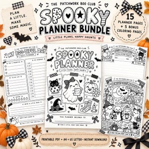 May include: A digital planner bundle titled The Patchwork Boo Club Spooky Planner Bundle, featuring 15 planner pages and 5 bonus coloring pages. The black and white printable PDF includes daily planners, notes, and a moonlight costume parade page.