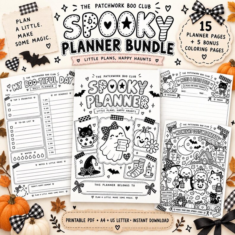 May include: A digital planner bundle titled The Patchwork Boo Club Spooky Planner Bundle, featuring 15 planner pages and 5 bonus coloring pages. The black and white printable PDF includes daily planners, notes, and a moonlight costume parade page.