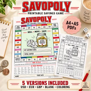 May include: A Savopoly printable savings game board featuring a colourful grid with currency amounts, a central illustration of a jar filled with coins, dice, and a 52-week progress tracker. The set includes A4 and A5 PDF versions in colour and black and white.