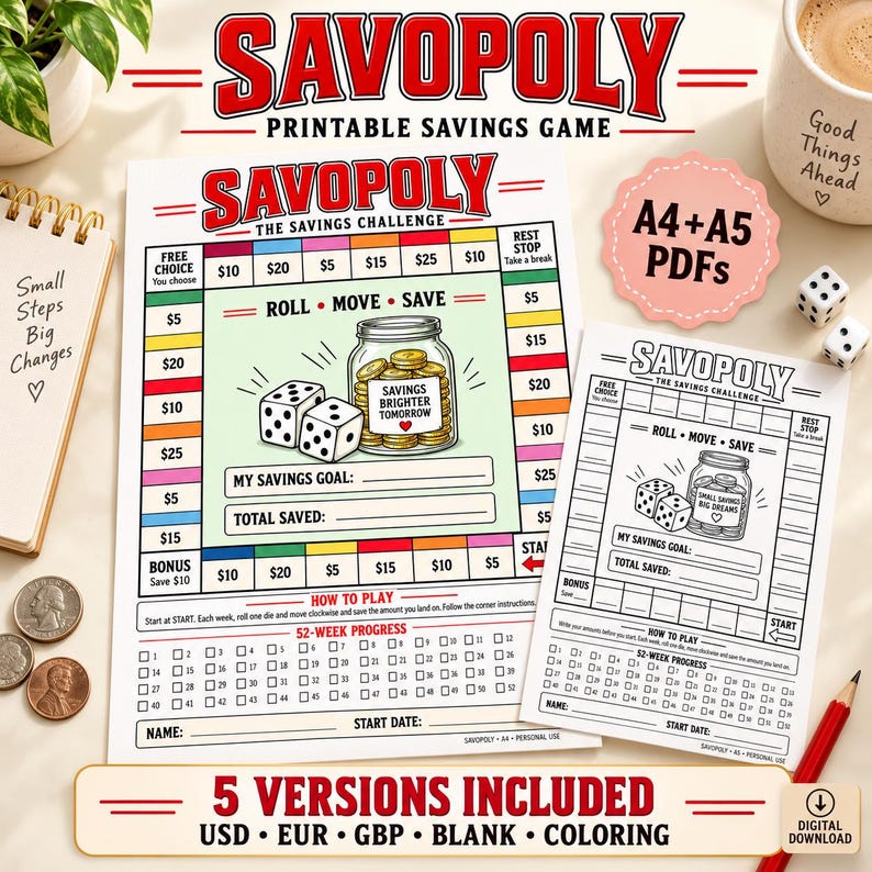May include: A Savopoly printable savings game board featuring a colourful grid with currency amounts, a central illustration of a jar filled with coins, dice, and a 52-week progress tracker. The set includes A4 and A5 PDF versions in colour and black and white.