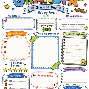 May include: A colorful printable questionnaire titled All About My Grandpa featuring sections for personal details, hobbies, favorites, and memories. The design includes illustrations of glasses, a coffee mug, a mustache, and a trophy with stars and hearts.