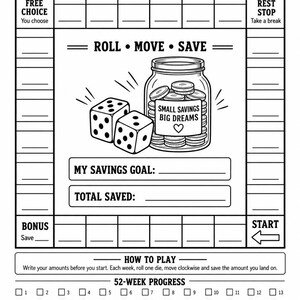 May include: A black and white printable savings challenge board game titled SAVOPOLY. The design features a central jar filled with coins labelled SMALL SAVINGS BIG DREAMS, two dice, a 52-week progress tracker, and spaces for savings goals.