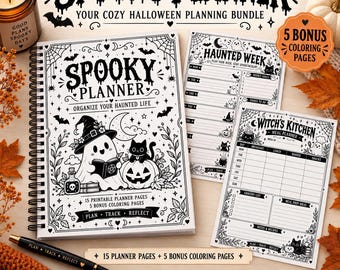 Gruseliges Gothic-Planer-Bundle, Halloween-PDF zum Ausdrucken mit 5 Bonus-Malvorlagen