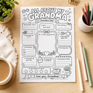 May include: A white printable activity sheet titled All About My Grandma with black line art illustrations including hearts, flowers, a teapot, and a cup. The page features twelve numbered sections with blank lines for writing and a space for a drawing.