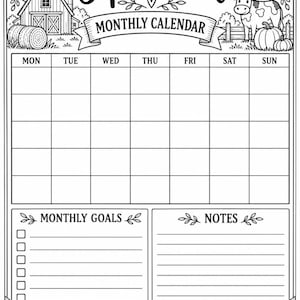 May include: A black and white printable monthly calendar for September featuring a farm theme with a barn, hay bales, a cow, pumpkins, and sunflowers. The layout includes a grid for days, a section for monthly goals with checkboxes, and a notes area.