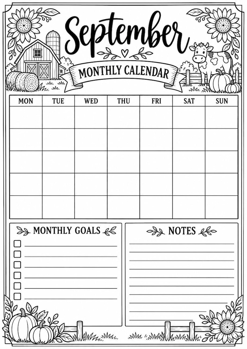 May include: A black and white printable monthly calendar for September featuring a farm theme with a barn, hay bales, a cow, pumpkins, and sunflowers. The layout includes a grid for days, a section for monthly goals with checkboxes, and a notes area.