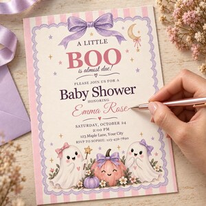 Rosa spöke babyshowerinbjudan, redigerbar Canvas-mall, Halloweeninbjudan bild 5