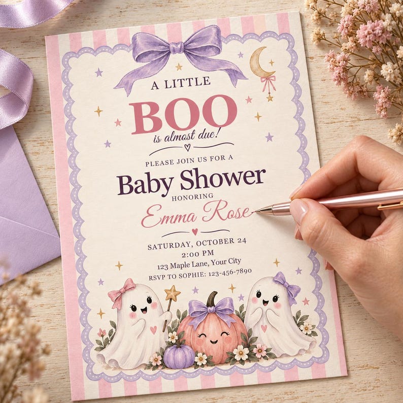 Rosa spöke babyshowerinbjudan, redigerbar Canvas-mall, Halloweeninbjudan bild 5