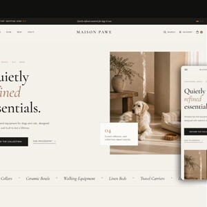 Könnte beinhalten: Homepage der Maison Pawe-Website mit einem Hund. Der Text "Quietly refined essentials" wird angezeigt und bewirbt Zubehör und Ausrüstung für Hunde und Katzen. Die Website hat ein minimalistisches Design mit einer neutralen Farbpalette.